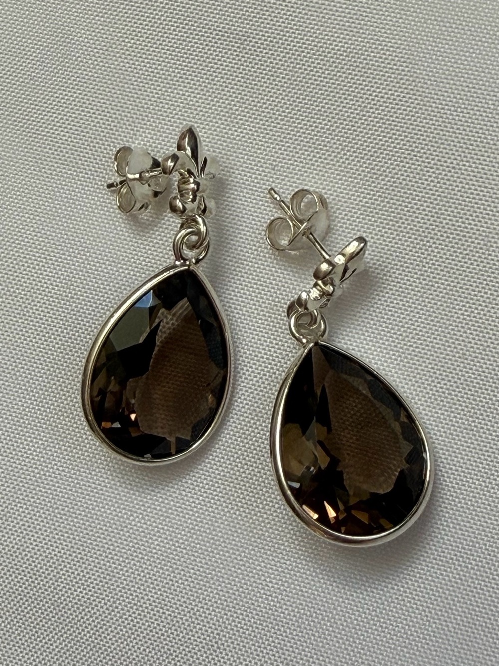 QVC Sterling Silver 925 Fleur-de-Lis Teardrop Smoky Quartz Earrings